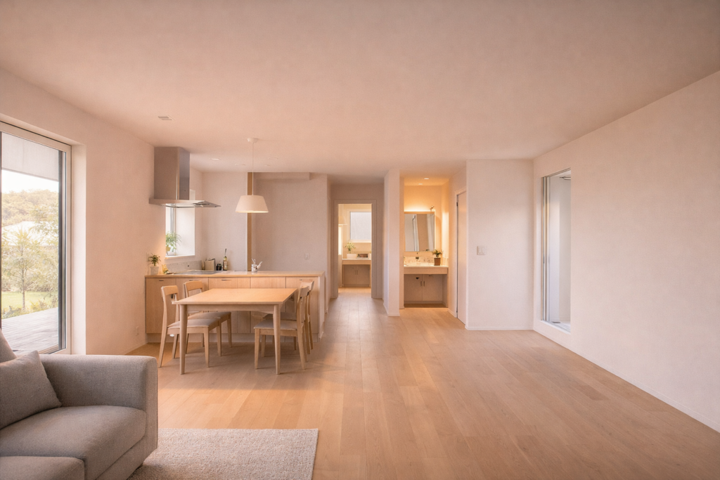 平屋のワンフロアで家事動線がつながる内観空間