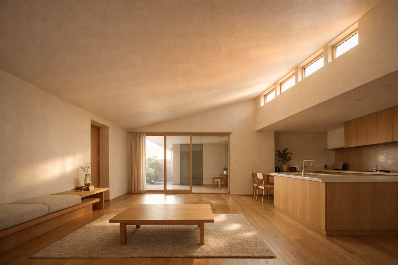 平屋内観の天井と光の広がりを捉えた明るい空間