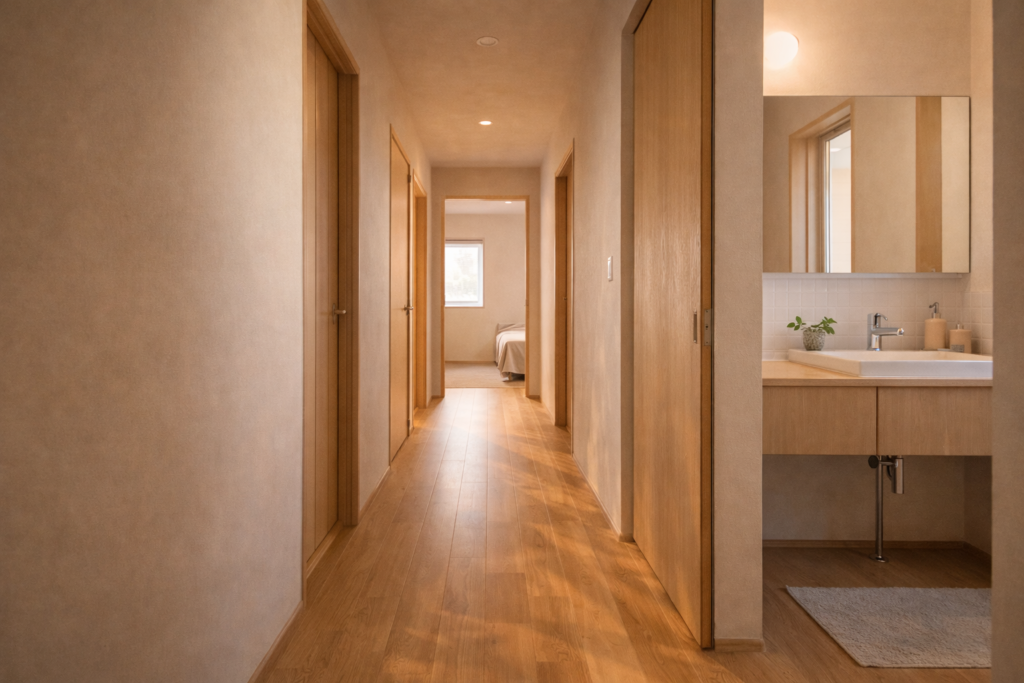 平屋の水回りと居室をつなぐ生活動線の内観