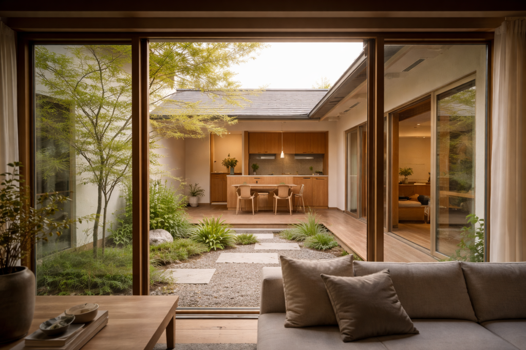 中庭へ視線が開く平屋住宅のLDK内観