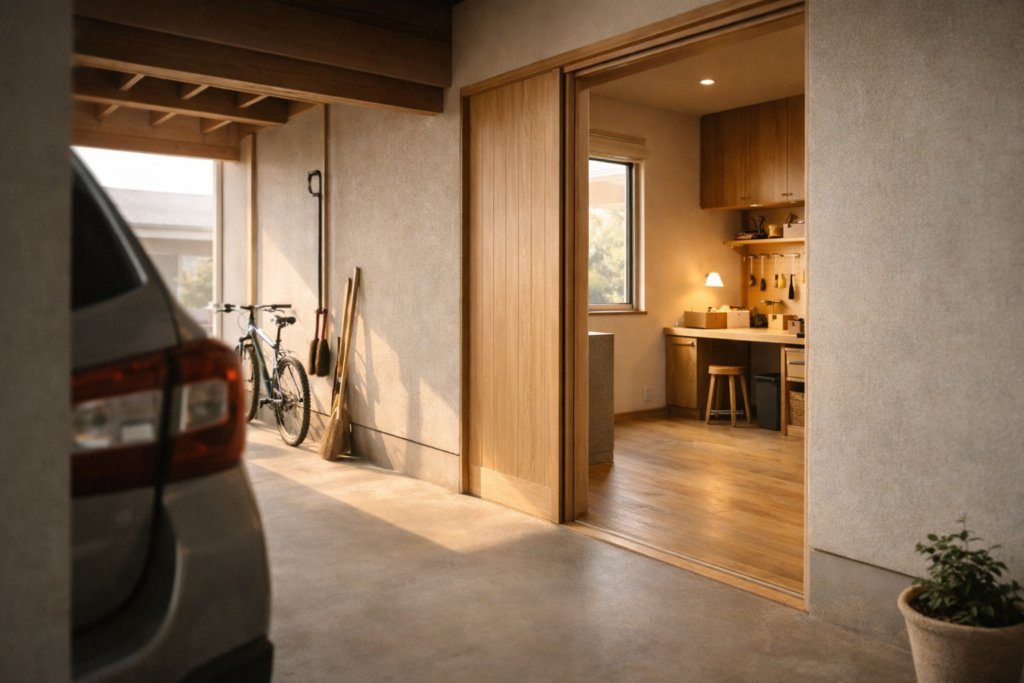 ガレージと趣味部屋の境界が分かる平屋内観