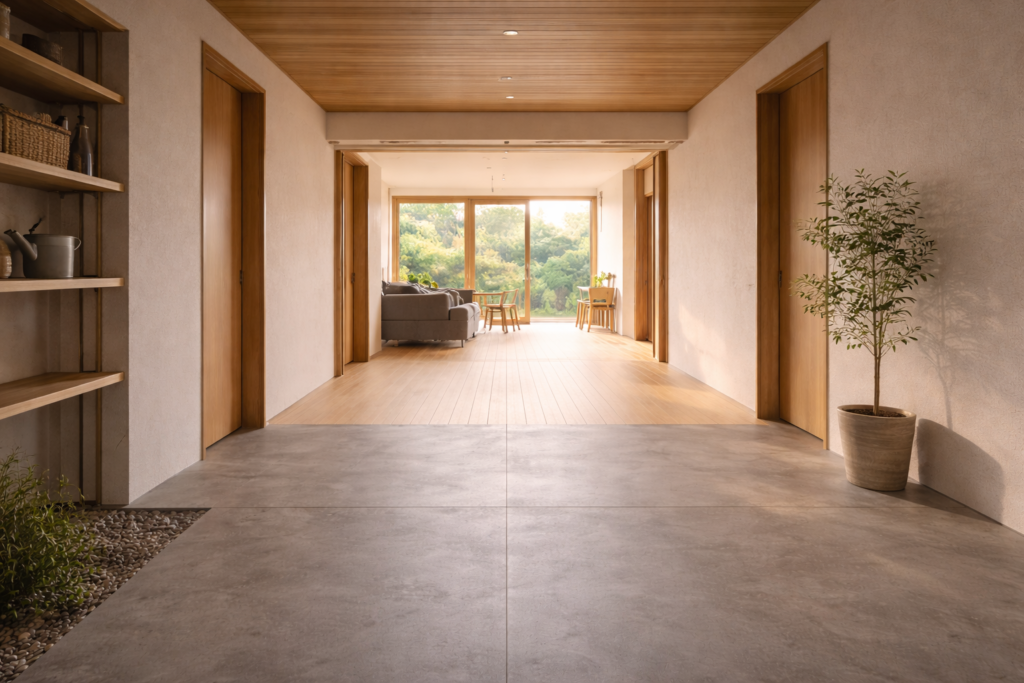 生活動線と土間の役割が整理された平屋の内観