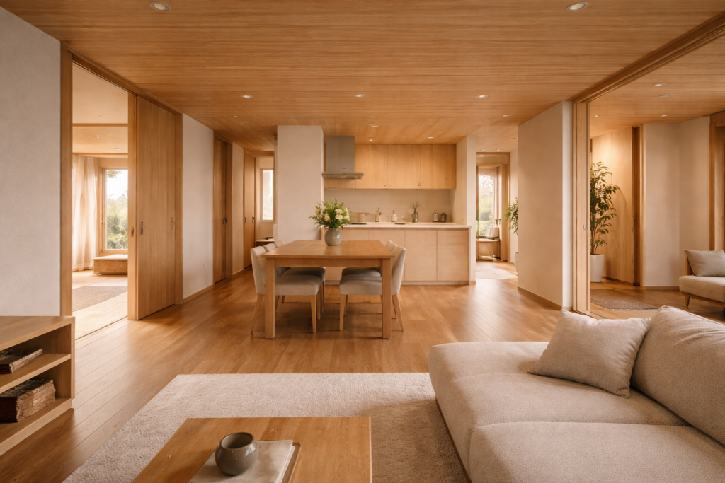 LDKを中心に構成された変形地平屋の内観