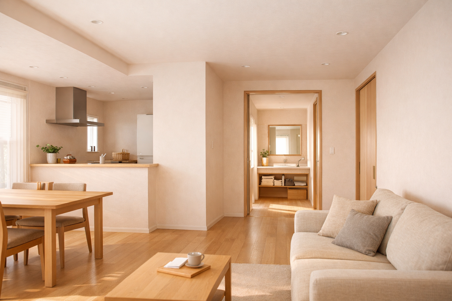 平屋のLDKと水回りが緩やかにつながる内観空間