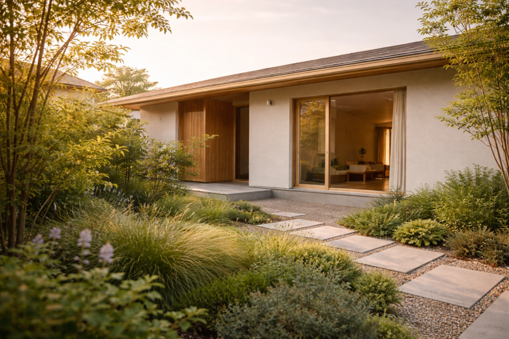 植栽と建物配置で視線と光を調整した平屋外観