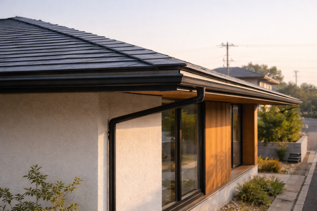平屋の屋根ラインと軒先形状を捉えた外観ディテール