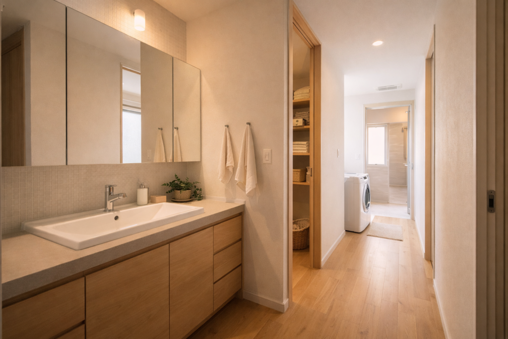 水回り動線が分かる平屋内観イメージ