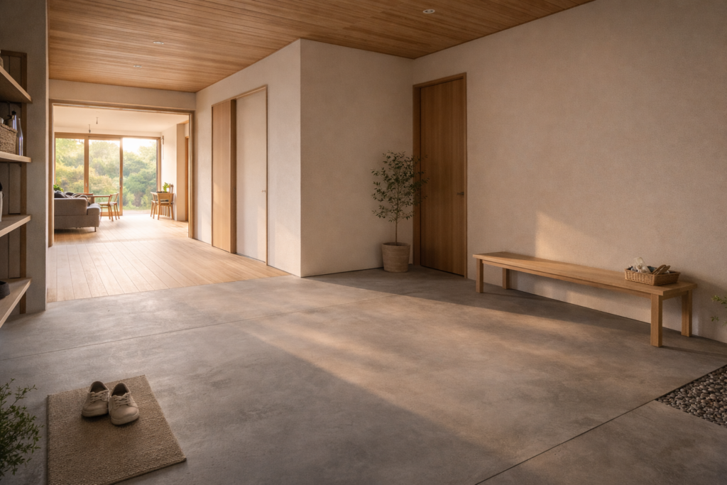 広い玄関土間を備えた平屋住宅の内観空間