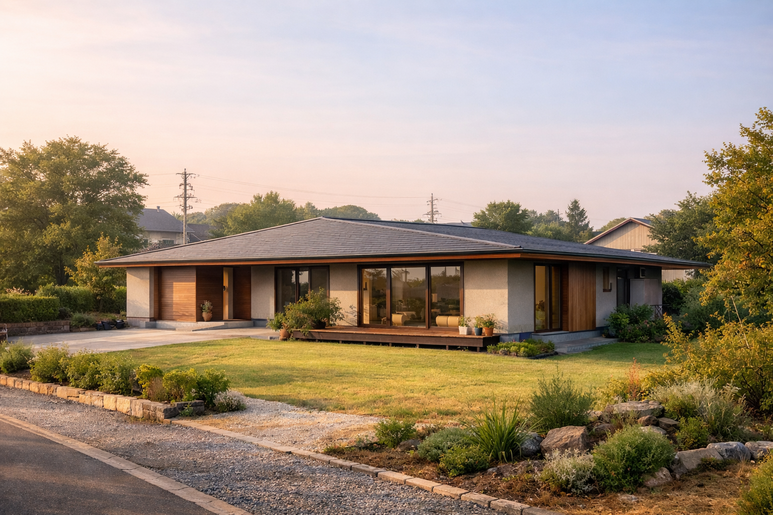将来分離を見据えた平屋住宅の外観と敷地配置