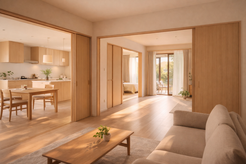 引き戸でつながる平屋のLDKと個室の一体感ある内観