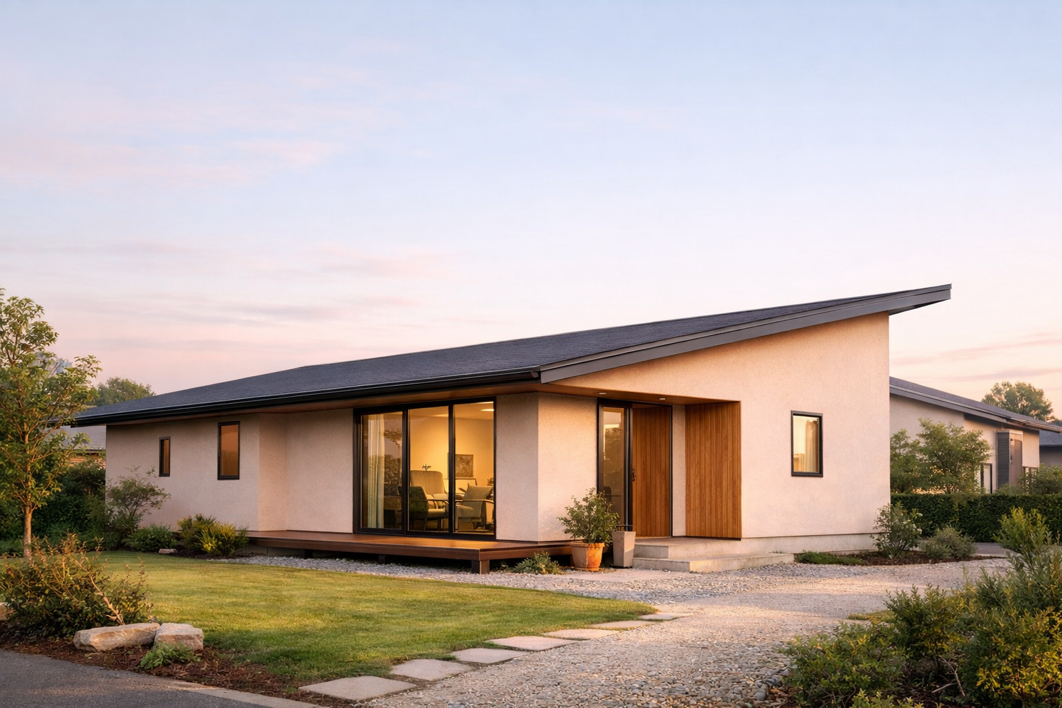 30坪前後の平屋住宅を斜めから捉えた外観イメージ