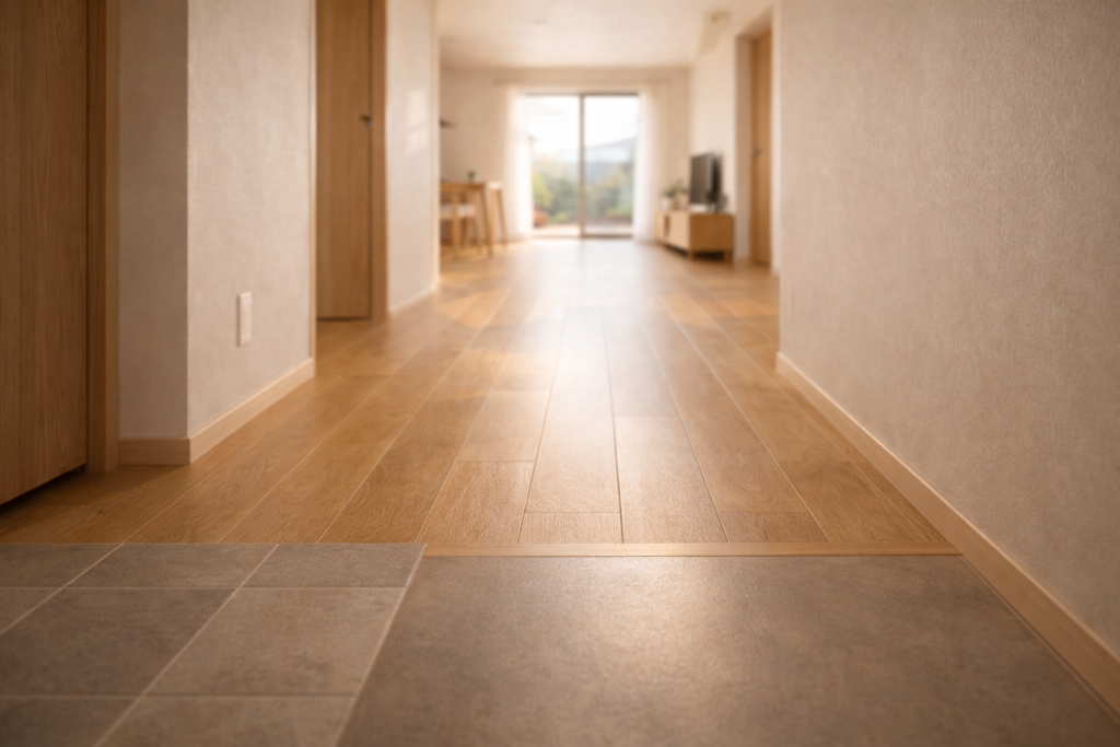 床材切り替えが分かる平屋の内観構成