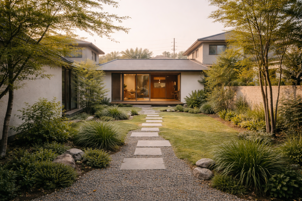 敷地奥の余白を活かした平屋住宅の配置