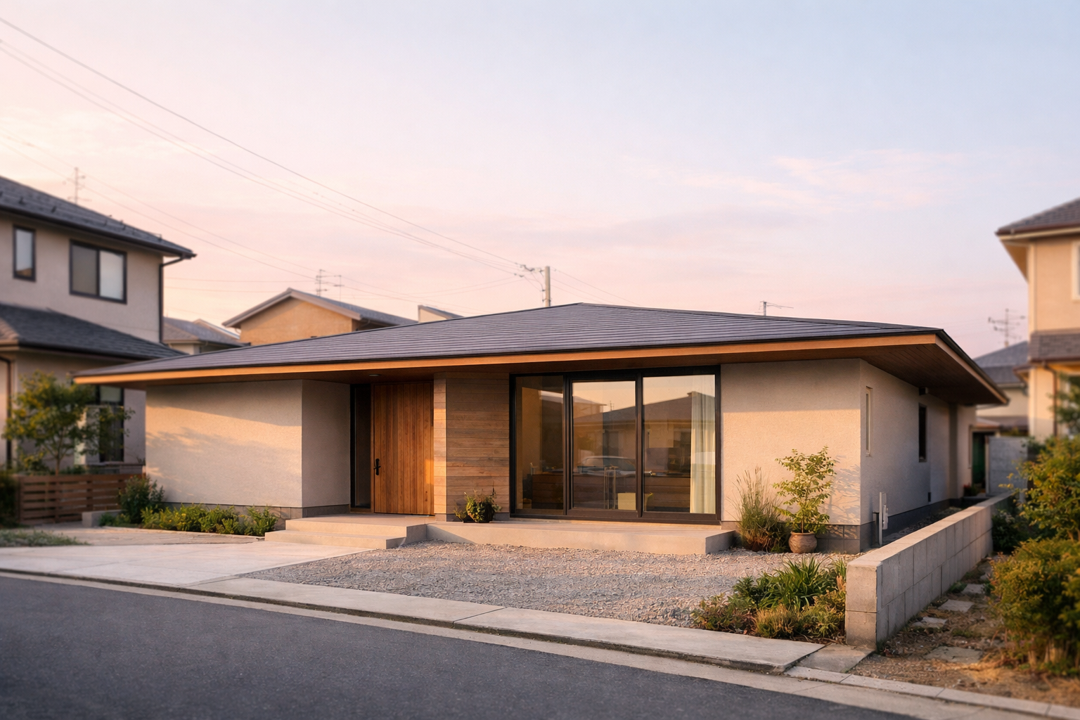 狭小地に建つ平屋住宅の低く伸びる屋根ライン外観
