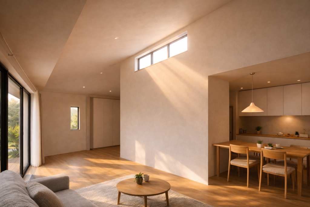 高窓から自然光が入る平屋LDK内観