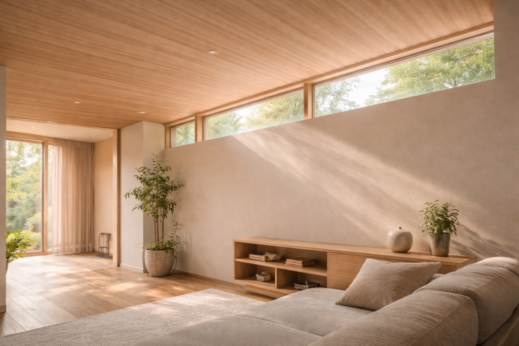 高窓から光を取り込む変形地平屋の室内採光