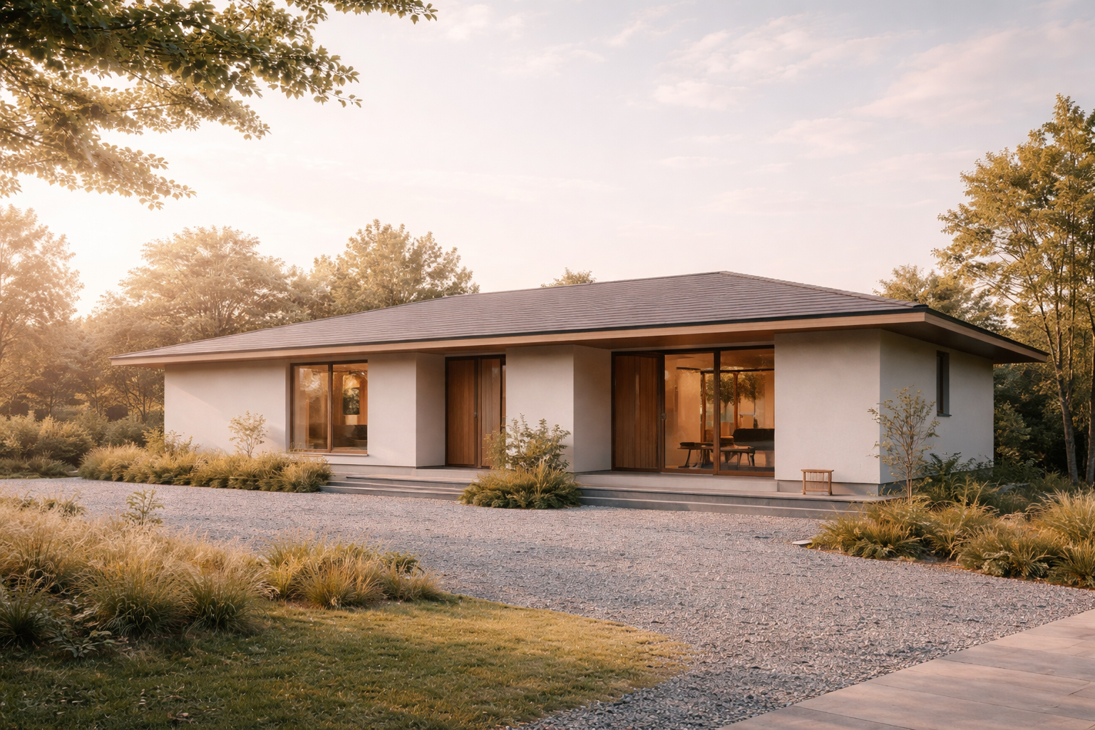 郊外の敷地に建つ土間のある平屋住宅の外観