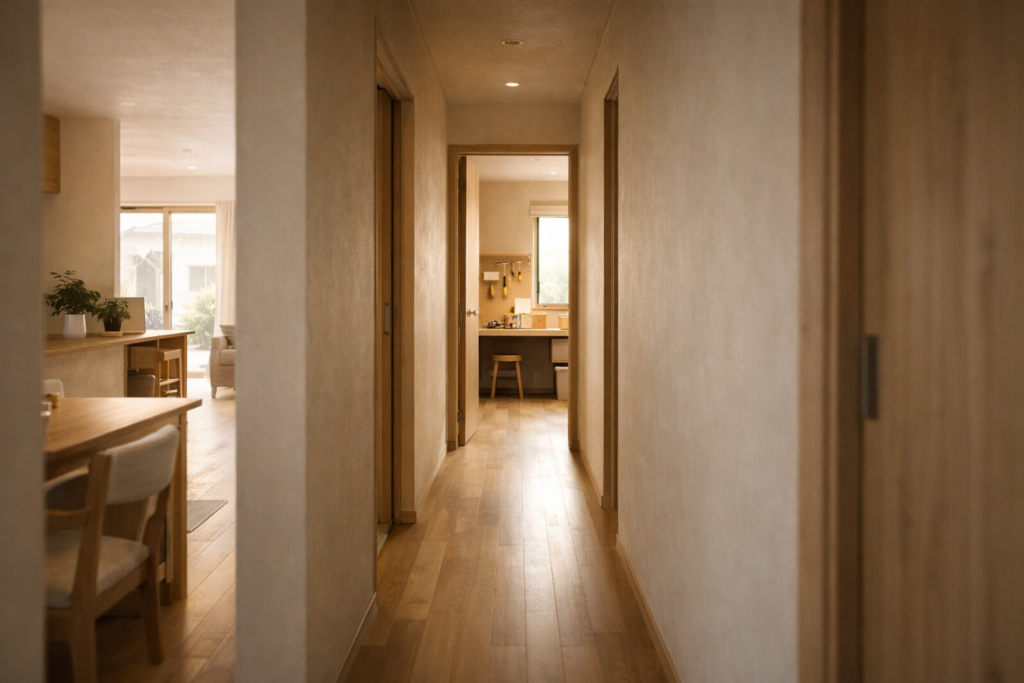 平屋で趣味部屋とLDKを分ける廊下の距離感