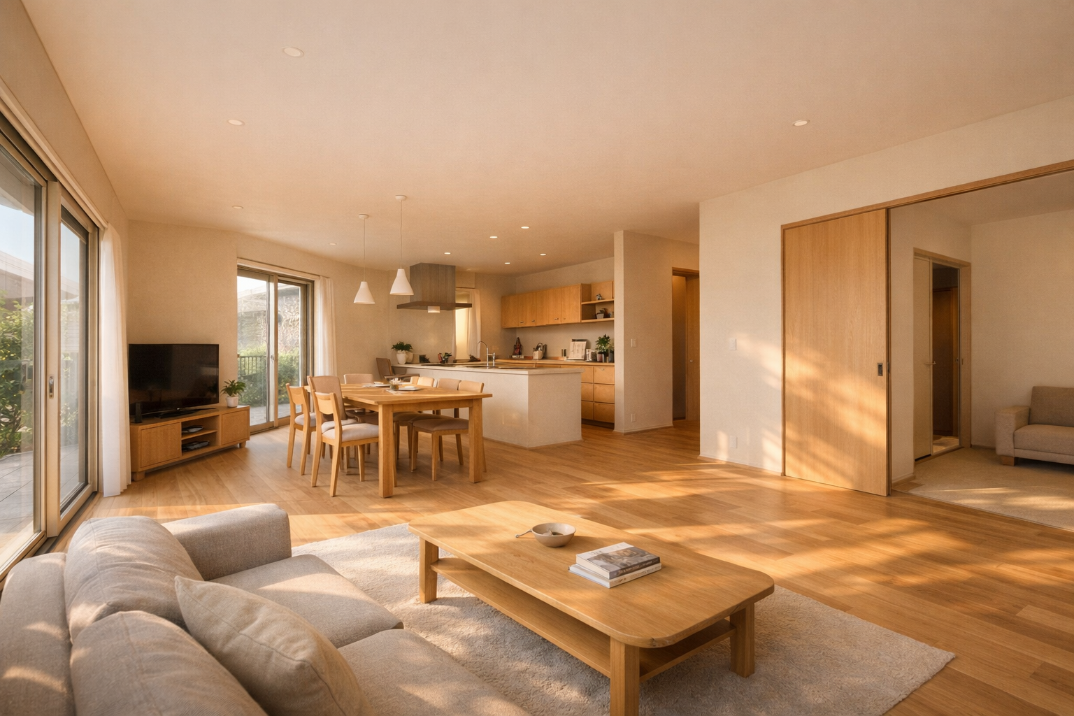 旗竿地に建つ平屋の室内空間と奥行きを感じる内観