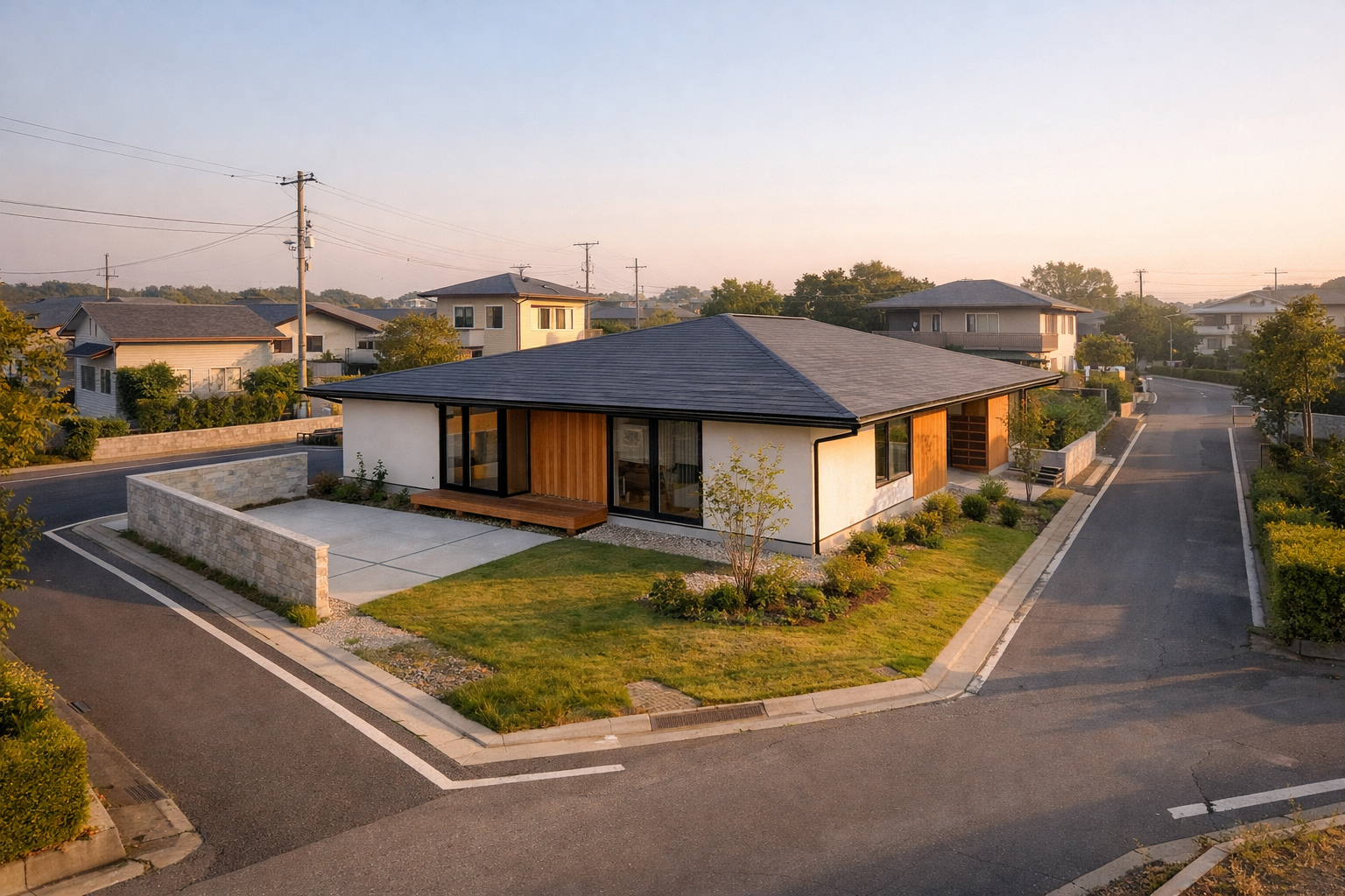 角地に建つ平屋外観と周囲環境の広がりを捉えた写真