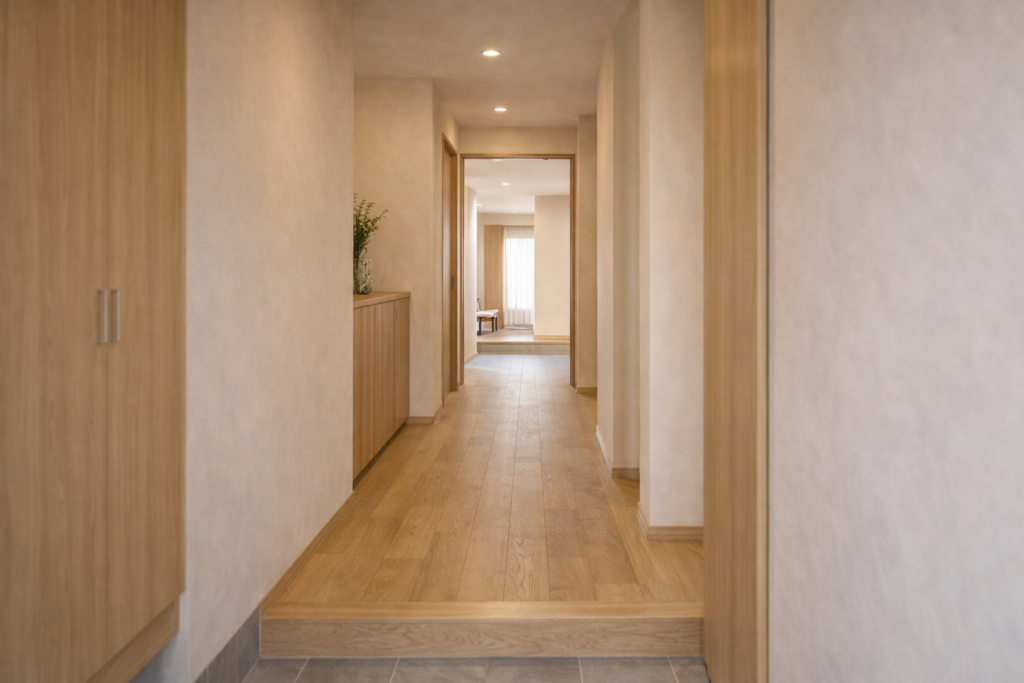 動線分離で距離が長くなった平屋の玄関内観