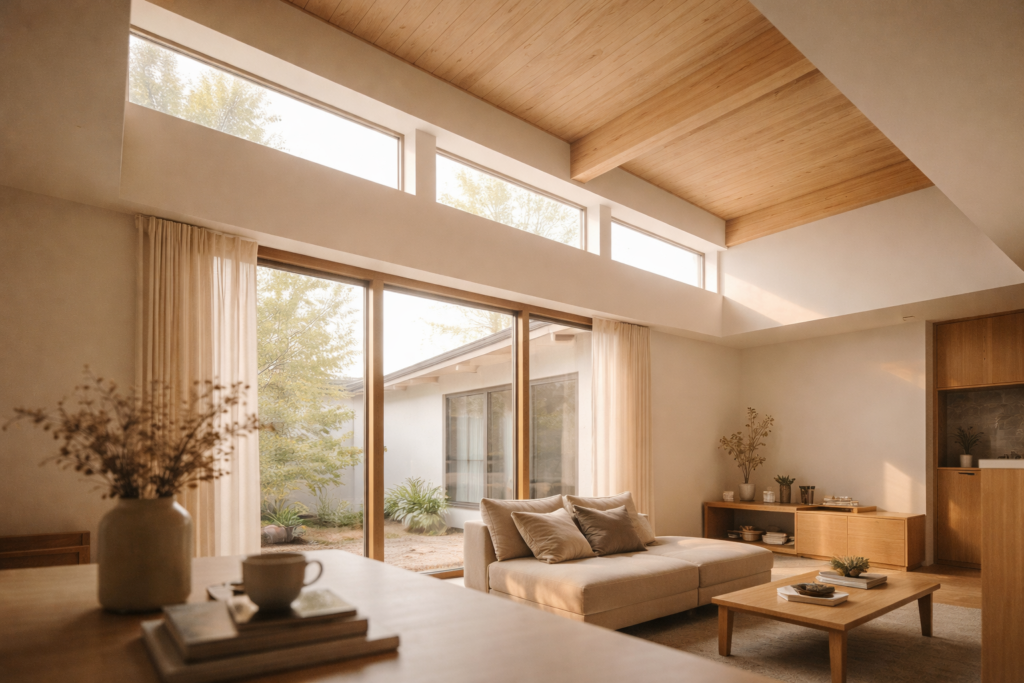 高窓から朝の光が入る平屋住宅の内観