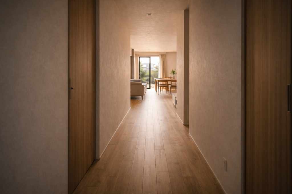 光が抜ける短い廊下をもつ平屋内観