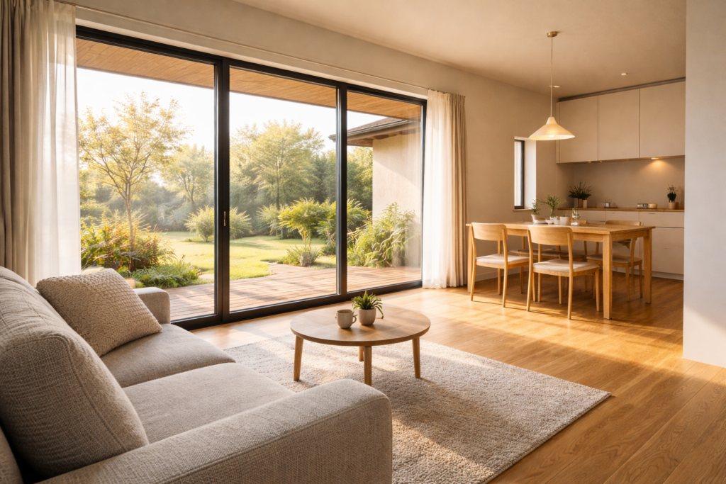 南側の大開口から光が入る平屋LDKの内観