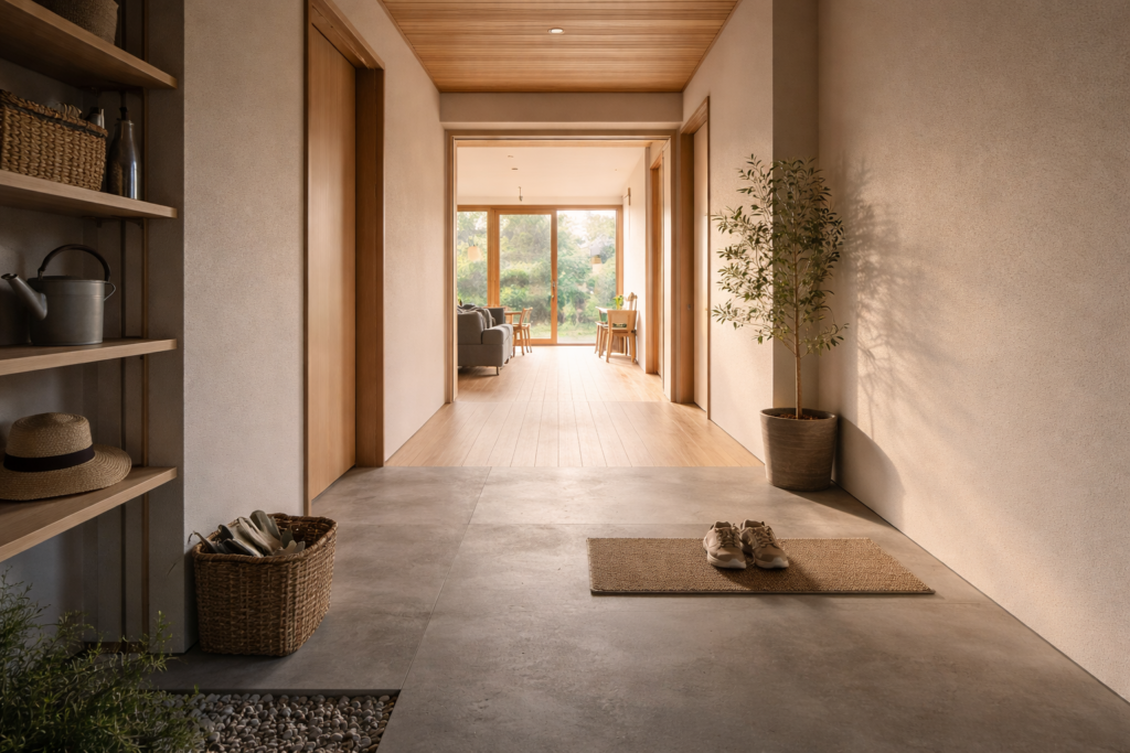 玄関土間から室内へ一直線につながる平屋の動線