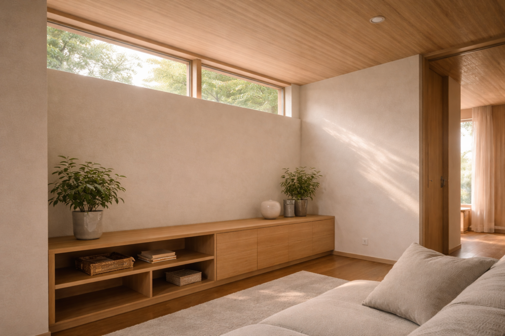 隣地を意識した高窓配置の平屋内観