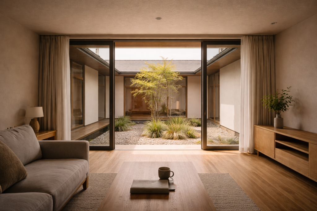 中庭から光を取り込む平屋の内観