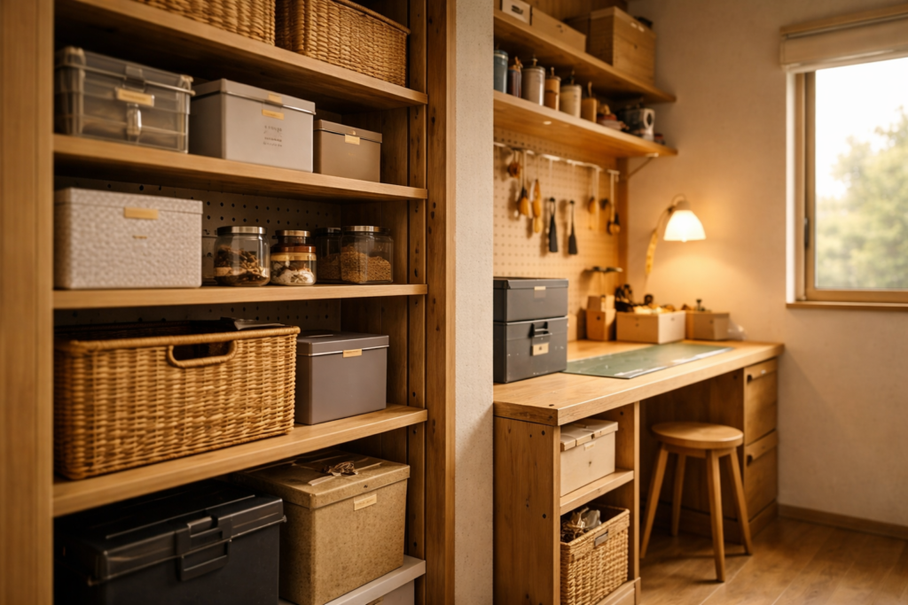 可動棚を備えた平屋趣味部屋の収納構成