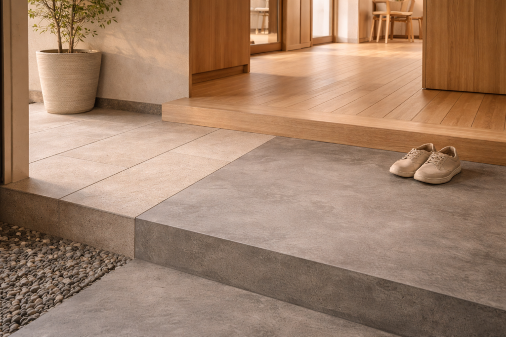 床素材の質感が分かる平屋の土間内観