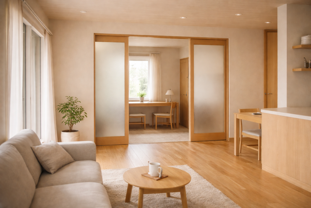 二人暮らし平屋でLDKと予備室の配置関係が分かる内観