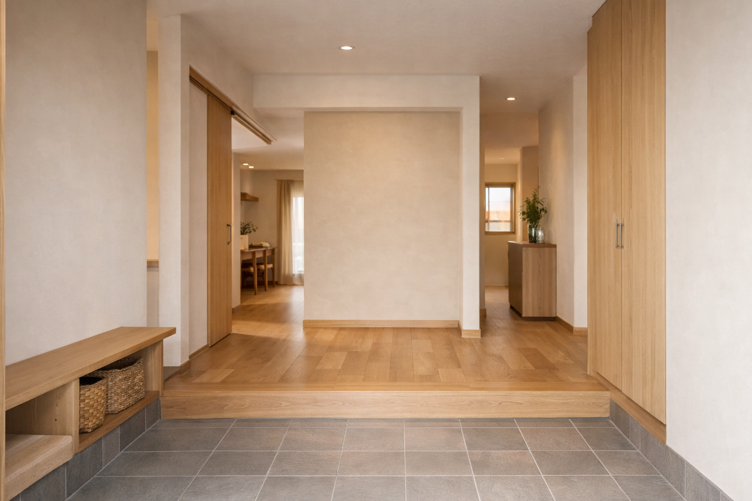 平屋住宅の玄関から室内への視線と余白を捉えた内観