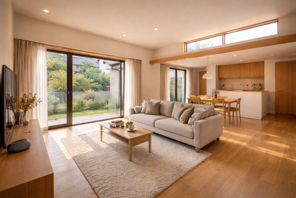 角地平屋のLDKに広がる自然光と窓配置