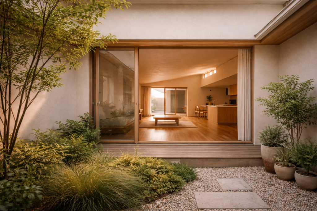 中庭から光を取り込む平屋内観