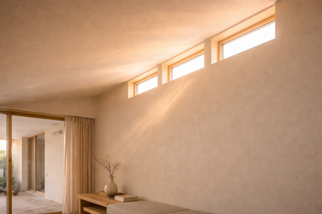 高窓から天井へ光が広がる平屋内観ディテール