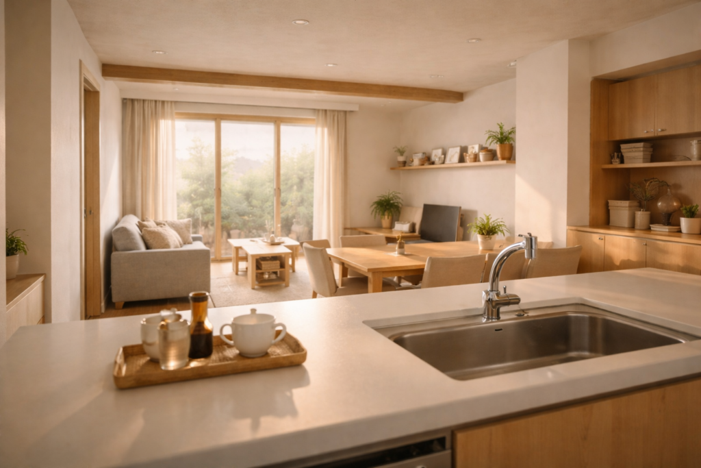 キッチンから生活全体を見渡せる平屋の家事動線