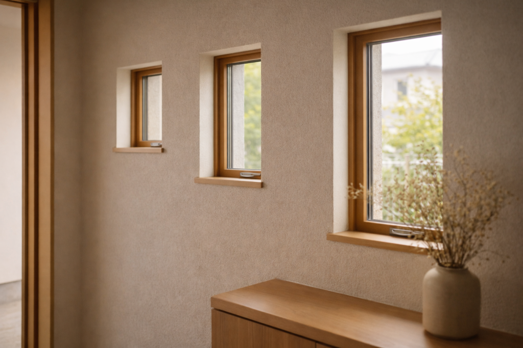 配置を工夫した小さな窓が並ぶ平屋内観