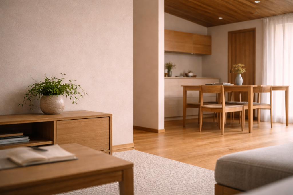 平屋LDKの床と壁素材が調和した内観