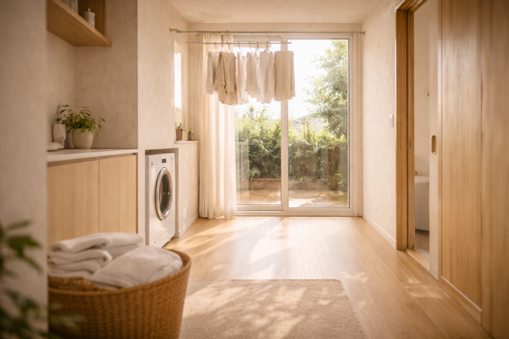室内干しと外干しを意識した平屋の洗濯動線内観