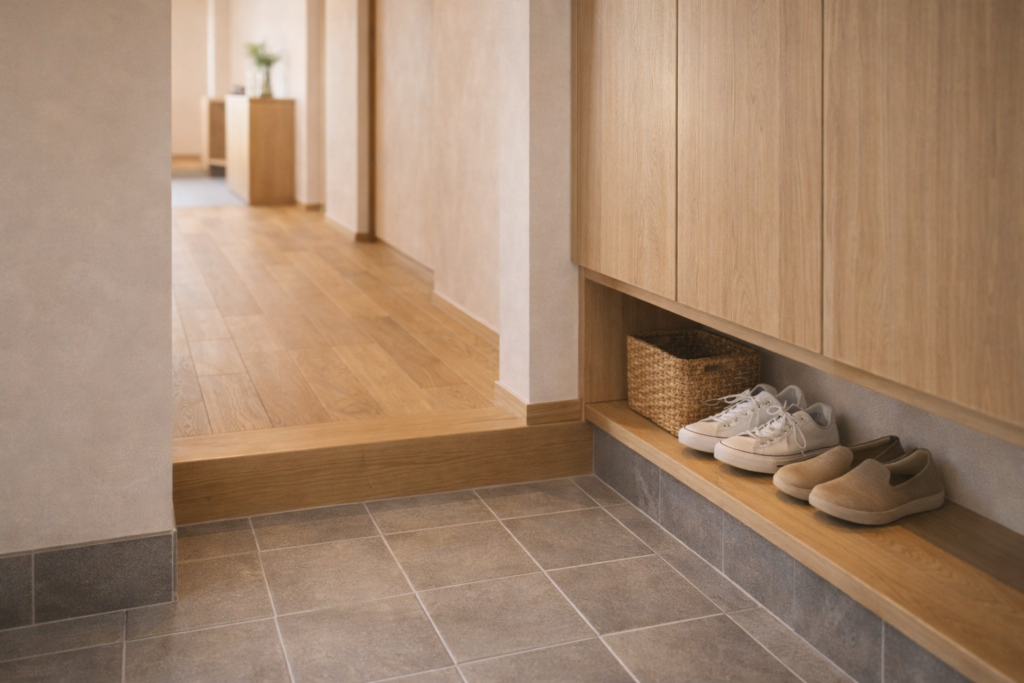 玄関土間と収納の位置関係が分かる平屋の内観