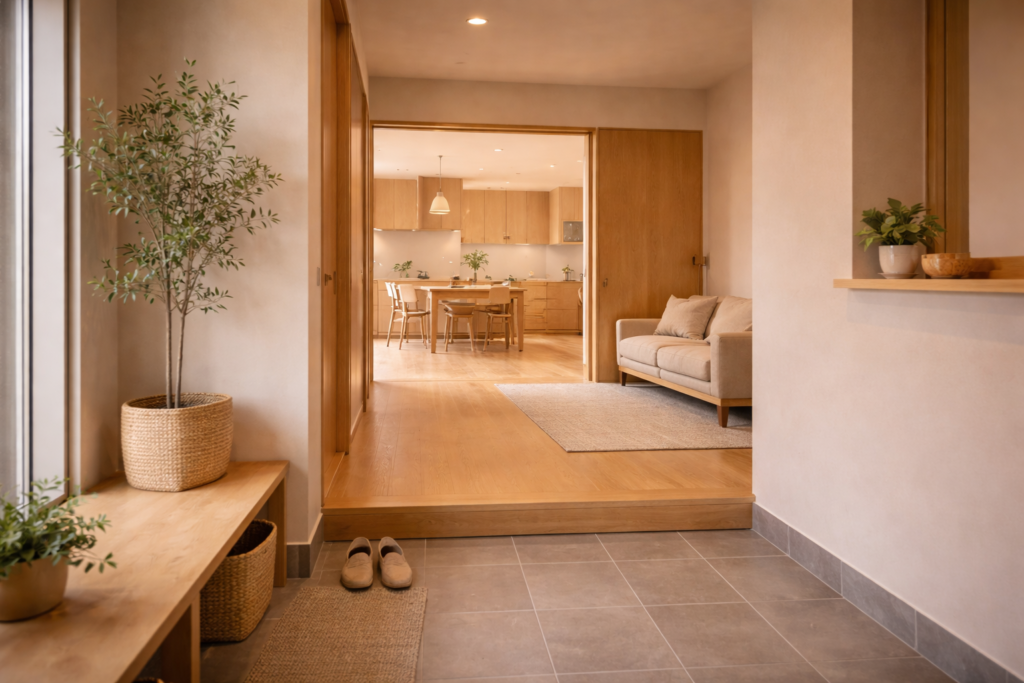 来客動線と生活動線が重なる平屋の玄関内観