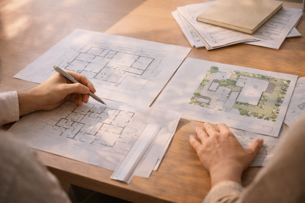 平屋と旗竿地の建築費と外構費を検討する設計打合せ