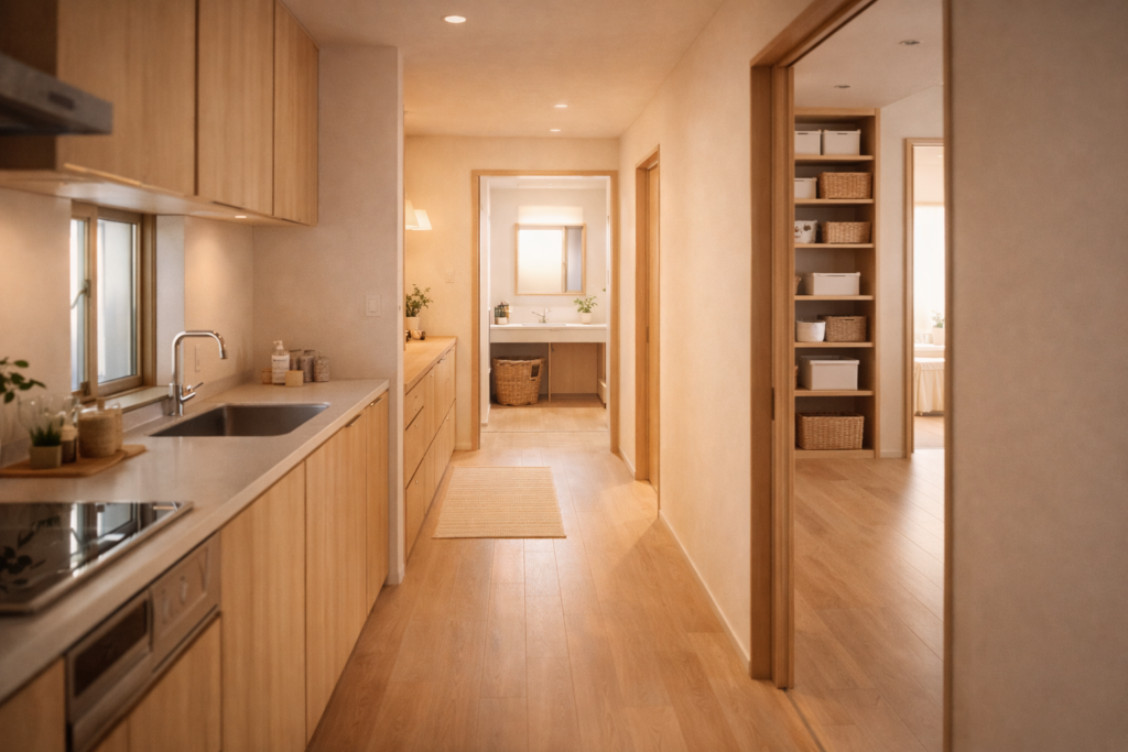 平屋で廊下を介さずつながるキッチンと洗面の動線
