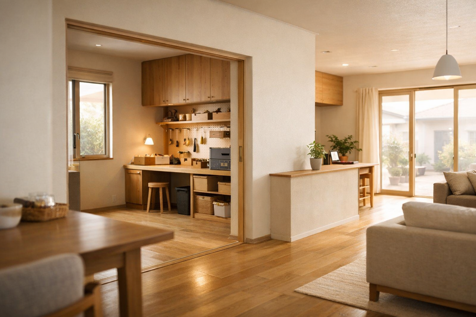 平屋のLDKと趣味部屋が緩やかにつながる内観空間