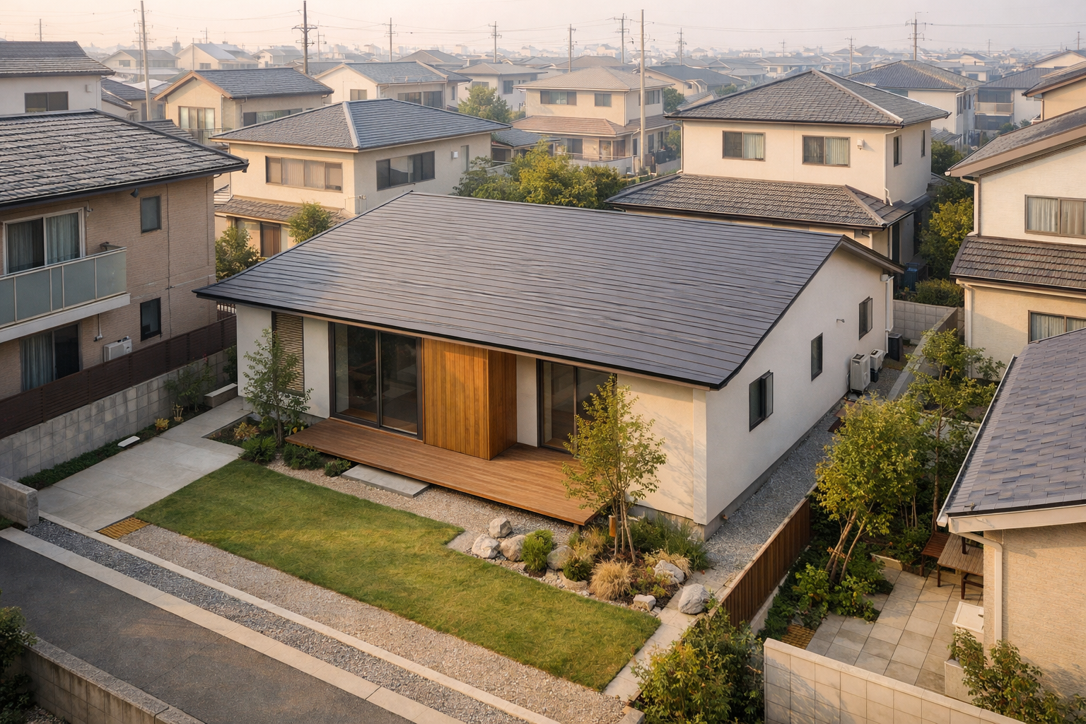 隣家が近い土地に建つ平屋住宅の外観全体