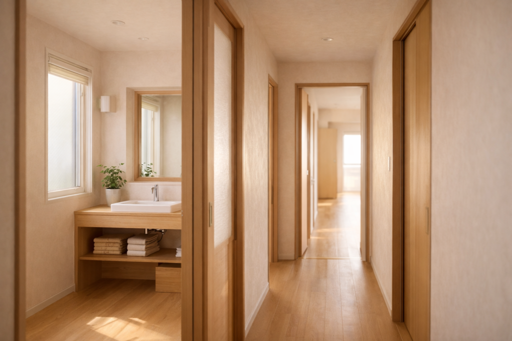 平屋の洗面と廊下が交差する動線空間の内観