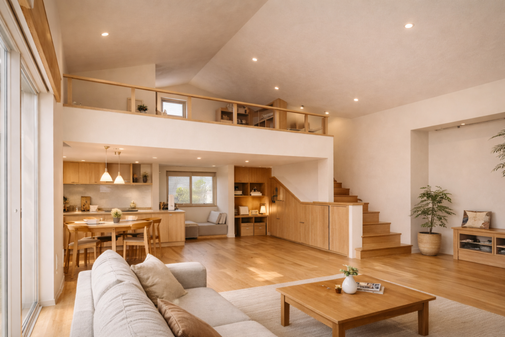 LDK上部を活用した中二階のある平屋内観